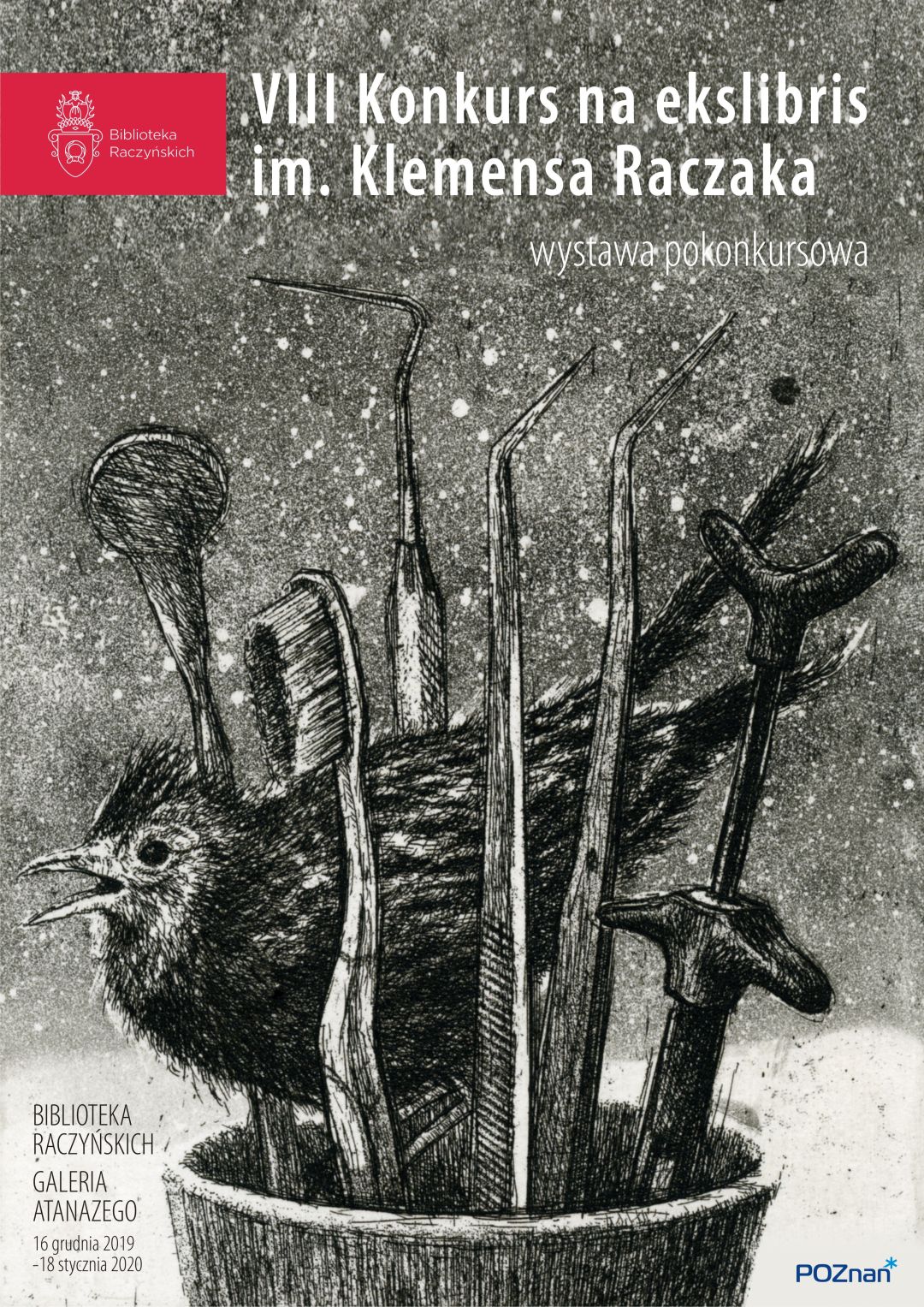 Plakat zapowiadający wystawę ekslibrisów. Na plakacie zwycięska praca, ekslibris Anny Skowronek autorstwa Marcina Białasa
