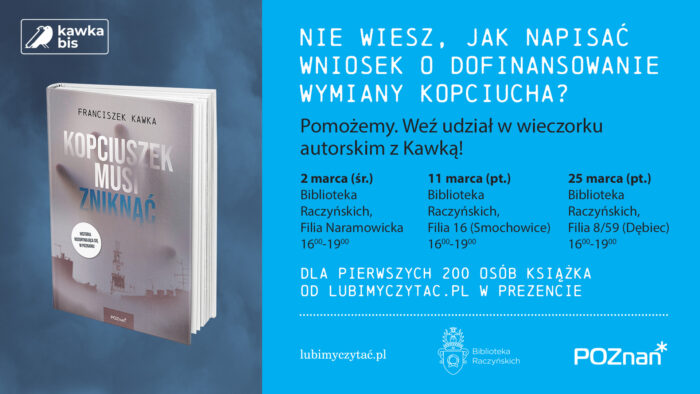 plakat prezentuje książkę o tytle Kopciuszek muisi zniknąć i daty spotkań w filiach