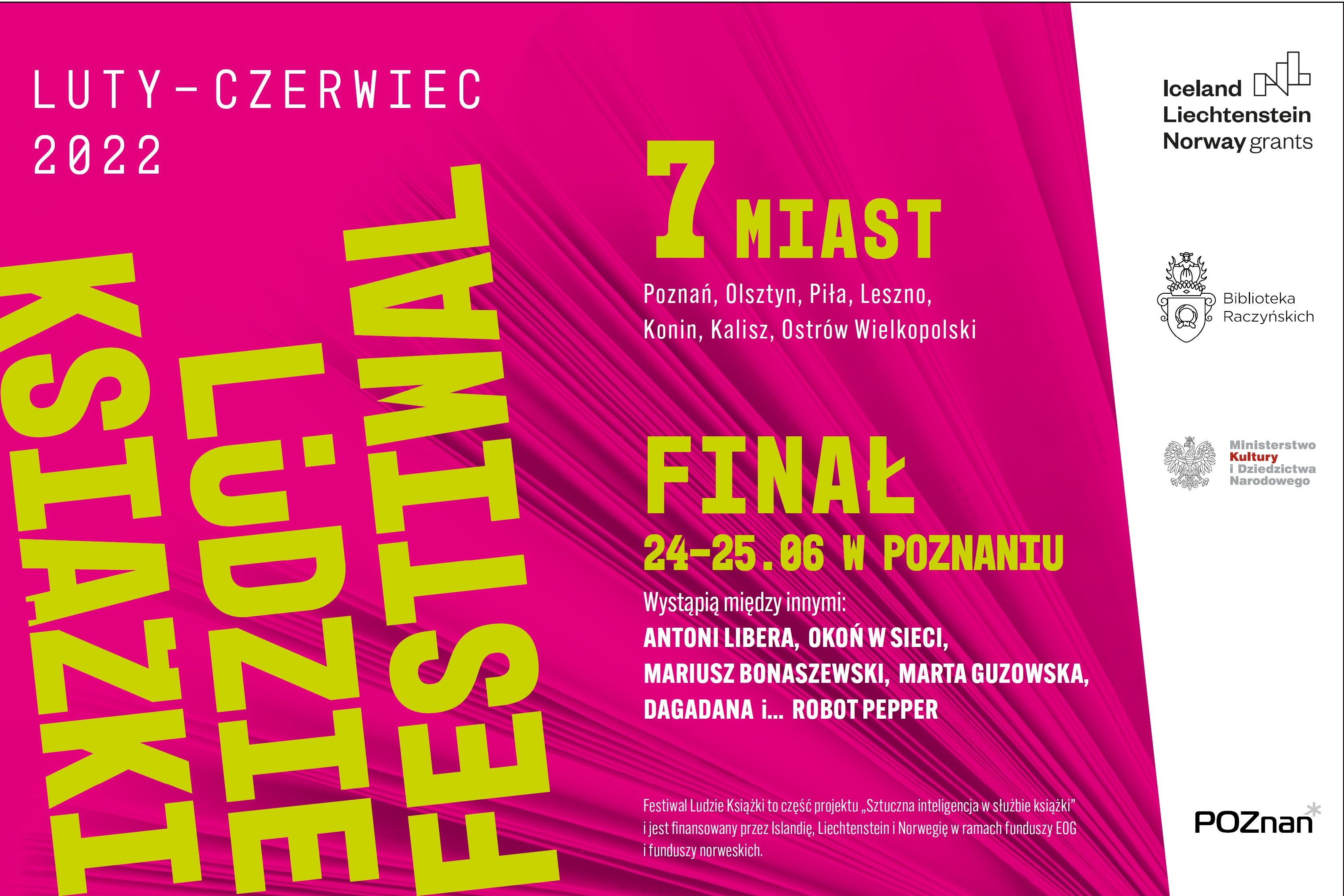 grafika festiwalowa - na różowym tle napis Festiwal Ludzie Książki
