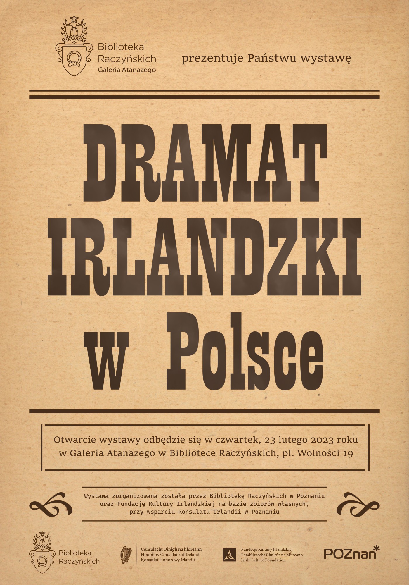 na bezowytm tle brązowy napis Dramat irlandzki w Polsce, plakat stylisowany na afisz teatralny