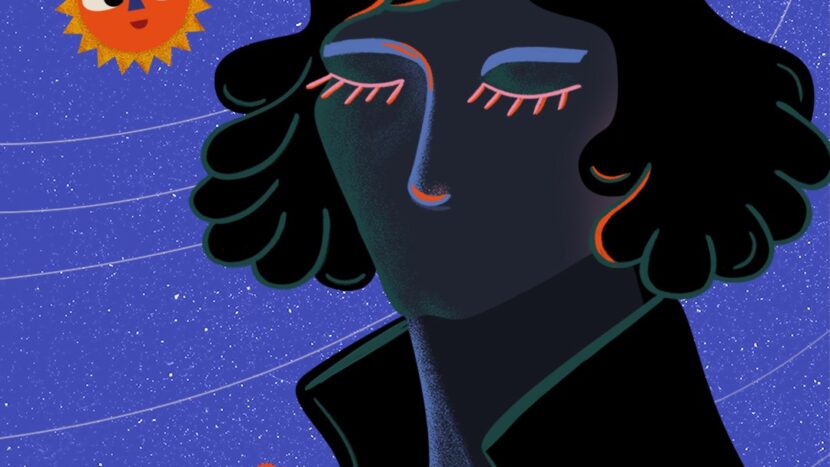 Grafika promująca akcję jesień, głowa Mikołaja Kopernika na niebieskim tle, dookoła głowy na orbitach unoszą się planety. Na dole napis Jesień w gwiazdach zapisana i logotypy.
