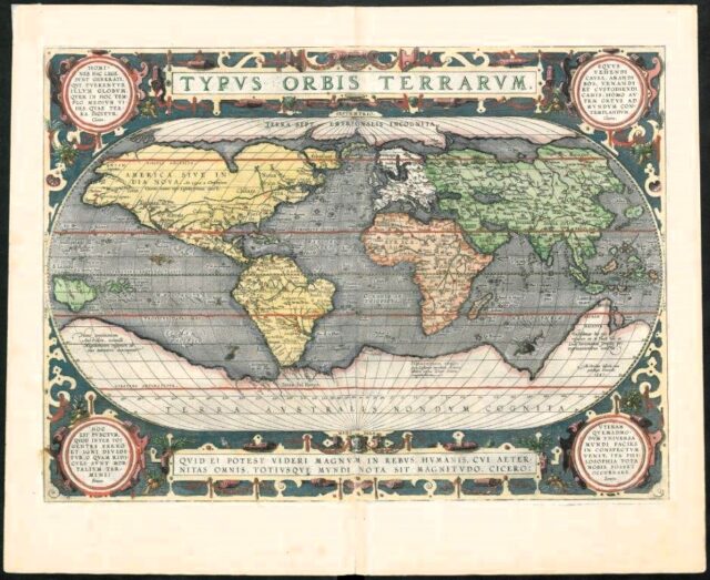 Mapa Orteliusa przedstawiająca świat w szesnastym wieku, kształty kontynentów niemal w znanym nam dziś układzie, większą cześć zajmuje ziemia nieznana i białe plamy na południu. 