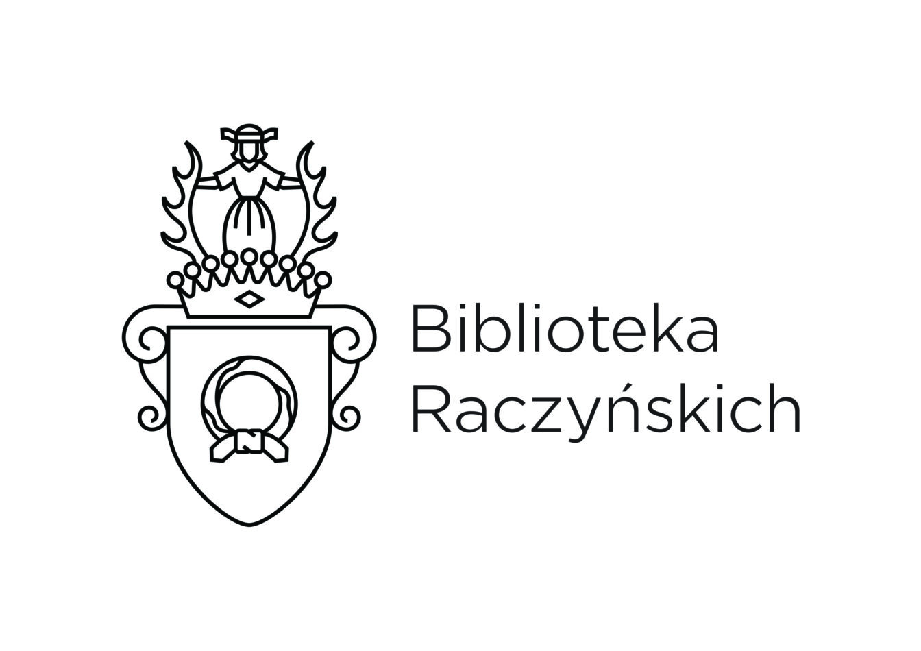 Logotyp Biblioteki Raczyńskich, grafika wywiedziona z historycznego herbu Nałęcz oraz nazwa Biblioteka Raczyńskich na białym tle