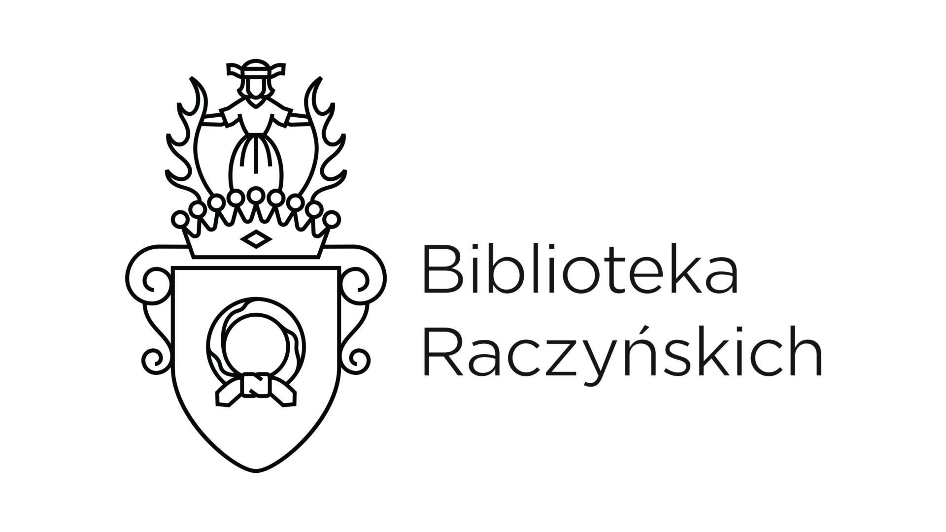 Logotyp Biblioteki Raczyńskich, grafika wywiedziona z historycznego herbu Nałęcz oraz nazwa Biblioteka Raczyńskich na białym tle