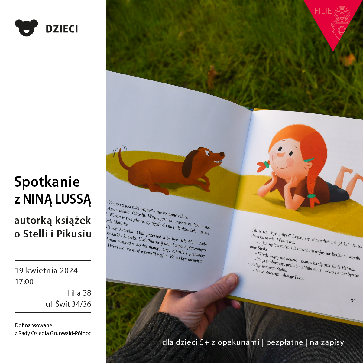 Obrazek do wydarzenia przedstawia fotografię: na tle zielonego trawnika ręka trzymająca otwartą książkę, w niej ilustracja rudowłosej uśmiechniętej dziewczynki i jamnika.