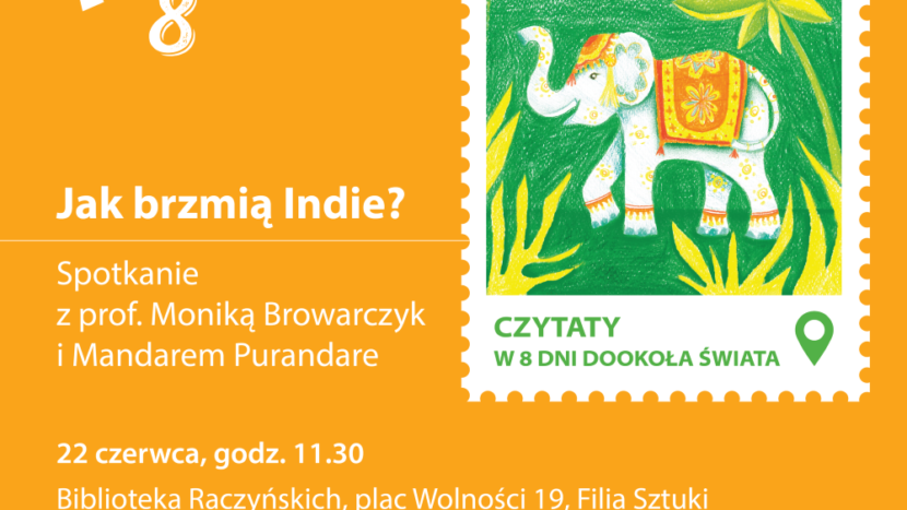 Obrazek do wydarzenia. Na mandarynkowym tle widnieje znaczek pocztowy, a na nim egzotyczne, zielone tło, żółte rośliny i słoń indyjski