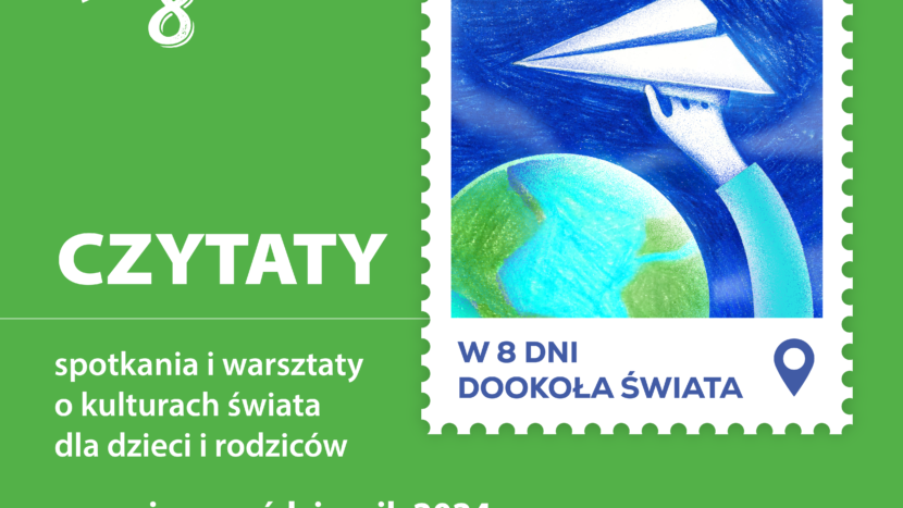 Obrazek do wydarzenia. Na zielonym tle widnieje prostokątny znaczek pocztowy z poszarpaną obwódką, na nim na granatowym tle widnieje fragment kuli ziemskiej, nad którą ręka trzyma papierowy samolocik.