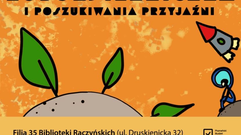 Obrazek do wydarzenia. Na pomarańczowym tle widać fragment planety z trzema zielonymi liśćmi, siedzącą postać i rakietę.