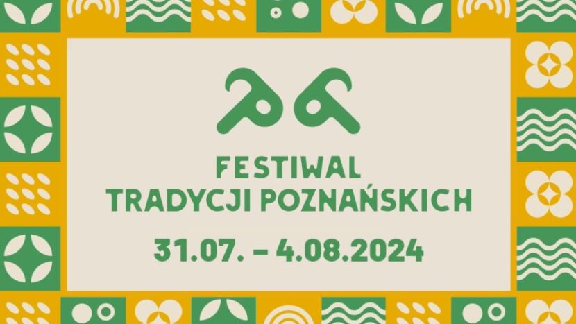 Obrazek do wydarzenia. Tło stanowią naprzemiennie ułożone w szachownicę żółte i zielone kwadraty, na których są elementy graficzne, kwiaty, fale, kółka. Na środku nazwa festiwalu oraz zarys trykających się koziołków.