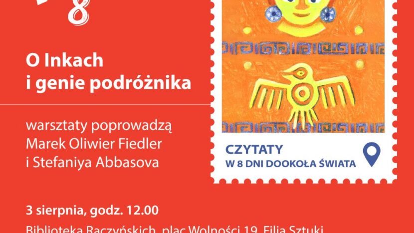 Obrazek do wydarzenia. Na czerwonym tle widnieje prostokątny pomarańczowy znaczek pocztowy z poszarpaną obwódką. Na nim niebieskie i żółte etniczne, azteckie ornamenty i rysunki przedstawiające ptaka oraz postać z ozdobą na głowie.