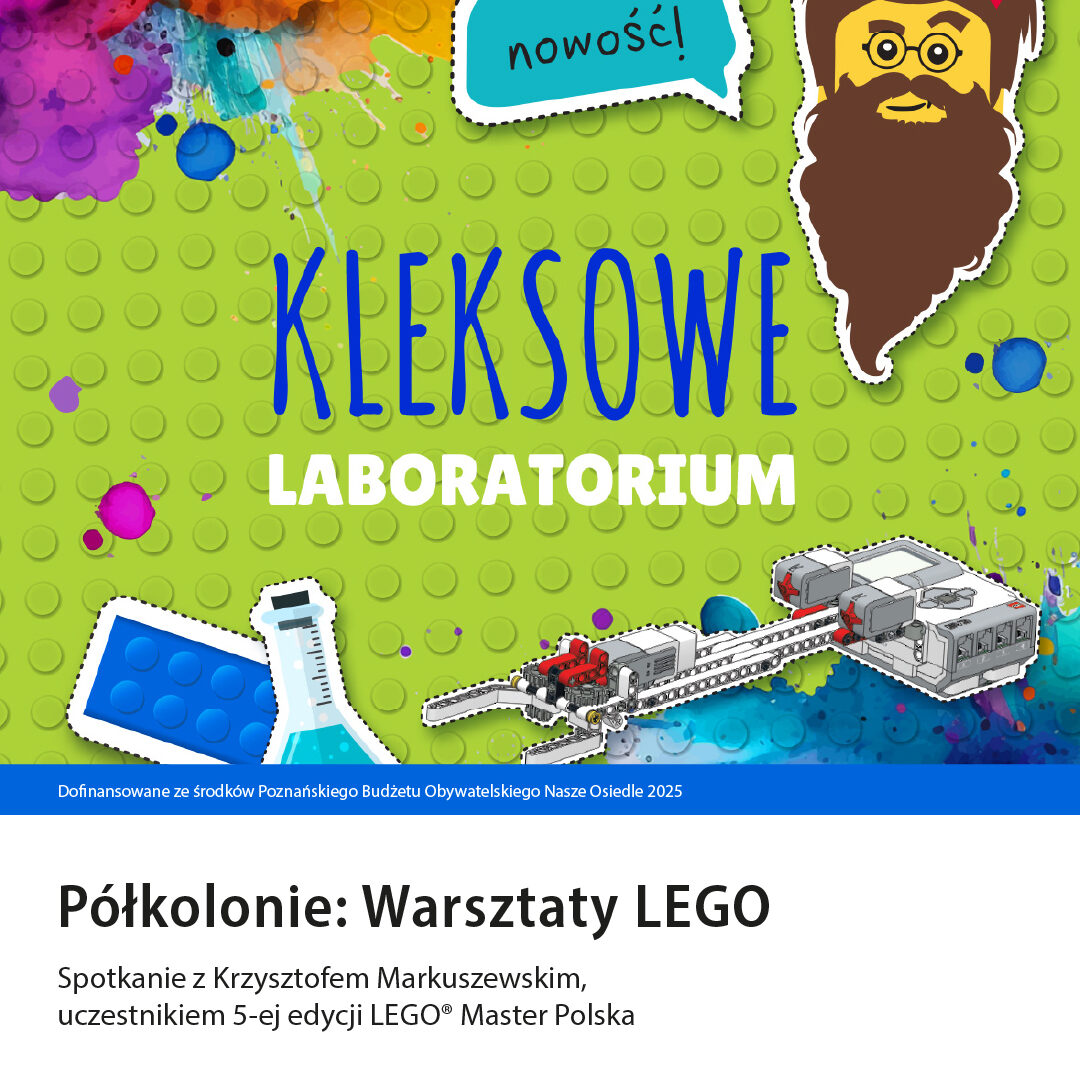na zielonym tle, przypominającym klocek, narysowane głowa Pana Kleksa z długa brodą, klocki i fiolki,