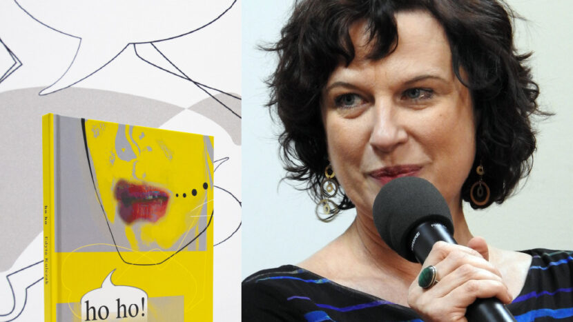 Obrazek do wydarzenia. Fotografia autorki, ciemnowłosa kobieta z lekkim uśmiechem i mikrofonem. Obok okładka książki: dominuje kolor żółty, widać fragment kobiecej twarzy i napis ho ho.