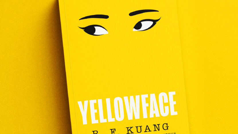 Obrazek do wydarzenia. Na żółtym tle żółta okładka książki. Na niej tylko oczy patrzące w bok, brwi, puste miejsce na środku i u dołu tytuł yellowface.