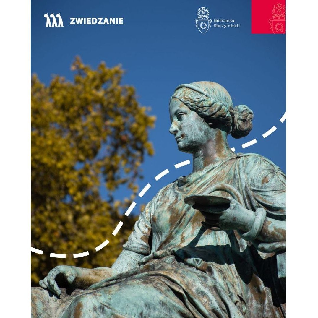 Obrazek do wydarzenia, na tle niebieskiego nieba pomnik Higiei z rysami twarzy Konstancji Raczyńskiej, żony Edwarda, fundatora biblioteki.