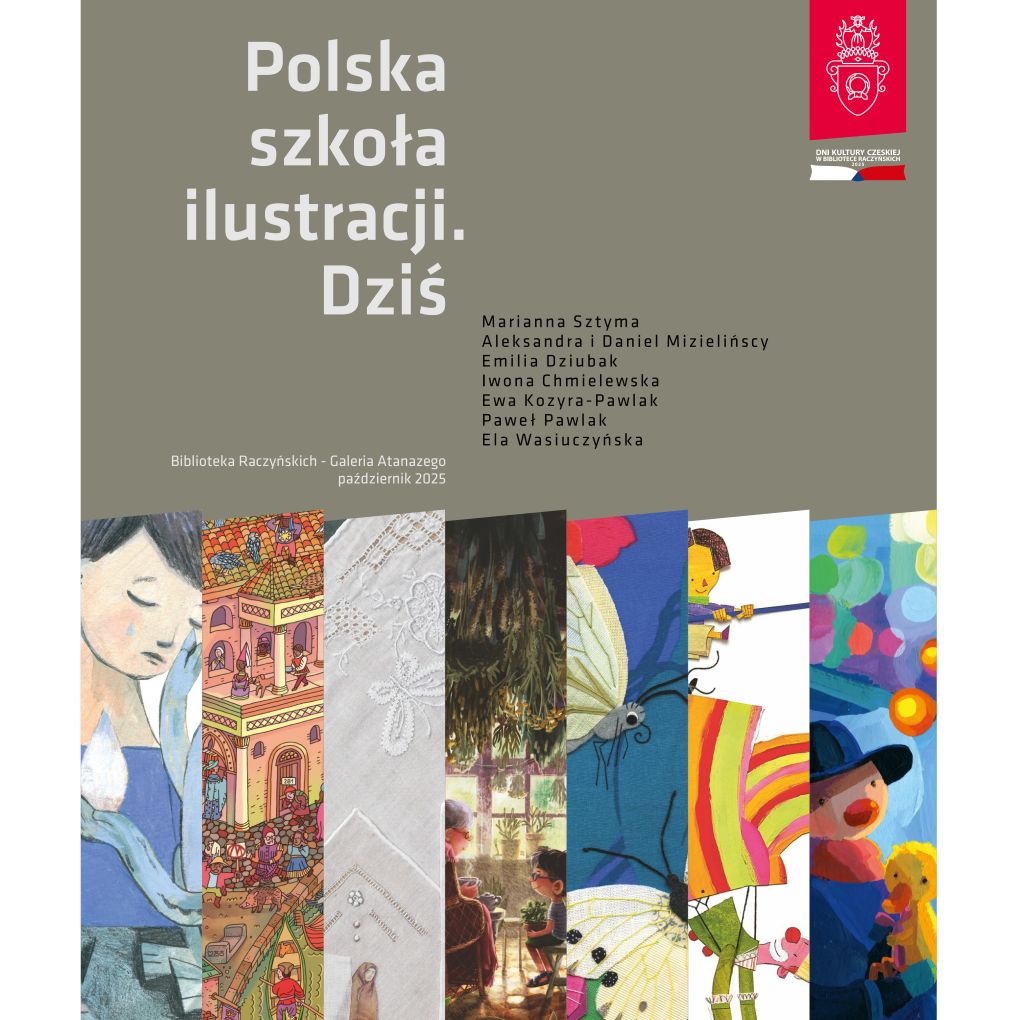 Obrazek do wydarzenia, na górze kawowe pole z tytułem wystawy i nazwiskami ilustratorów, poniżej prostokątne pasy z fragmentami barwnych ilustracji.