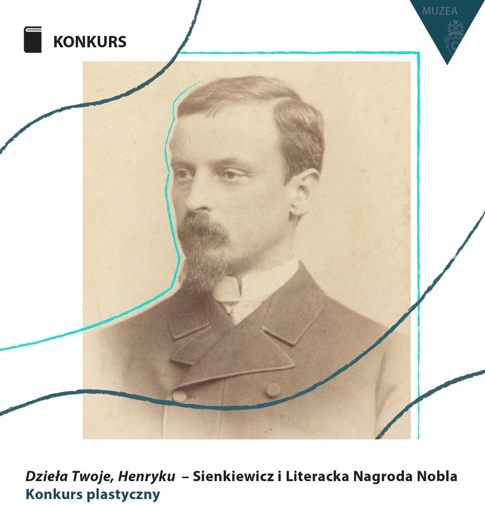 Obrazek do wydarzenia. Wizerunek młodego Henryka Sienkiewicza w kolorze sepii z kolorowymi ozdobnymi liniami.