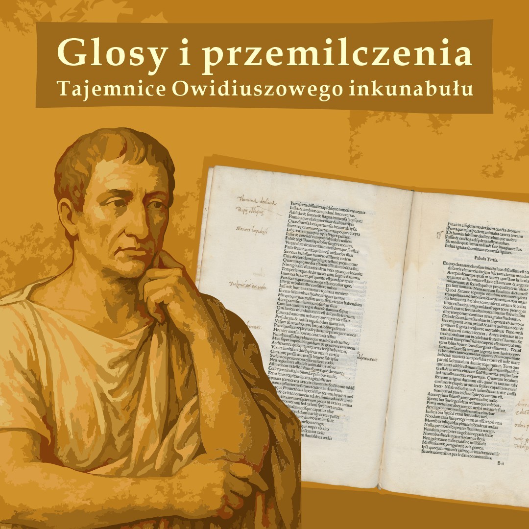 Obrazek do wydarzenia, grafika z tonacji złoto-żółtej, wizerunek Owidiusza, w pozie myśliciela i antycznej szacie, obok otwarta księga.