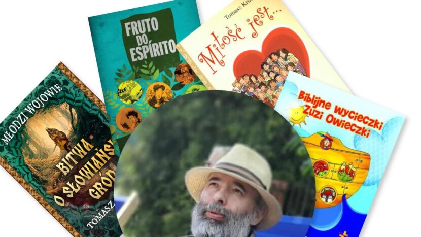 Obrazek do wydarzenia, w kole fotografia autora, mężczyna z brodą i kapeluszu, za nim okładki książek z motywami dziecięcymi i roślinnymi.
