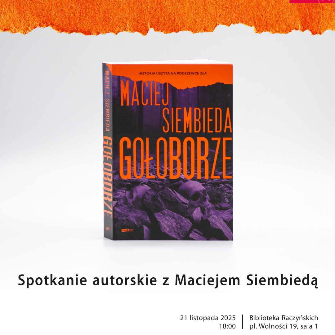 Obrazek do wydarzenia, okładka książki Gołoborze z fioletowymi czaszkami i pomarańczowymi literami, którymi zapisany jest autor i tytuł.