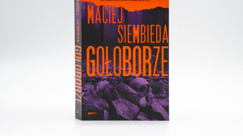 Obrazek do wydarzenia, okładka książki Gołoborze z fioletowymi czaszkami i pomarańczowymi literami, którymi zapisany jest autor i tytuł.