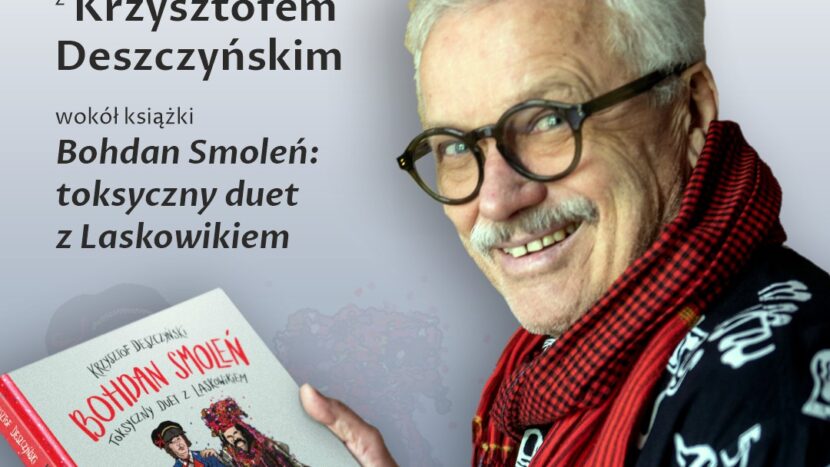Obrazek do wydarzenia, fotografia autora - uśmiechnięty mężczyzna w okularach, z siwymi włosami i czerwonym szalu trzyma książkę o Smoleniu i Laskowiku.