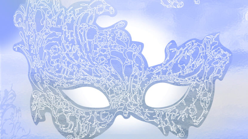 grafika do koncertu: na niebiesko szarym tle maska karnawałowa z koronkowymi zdobieniami