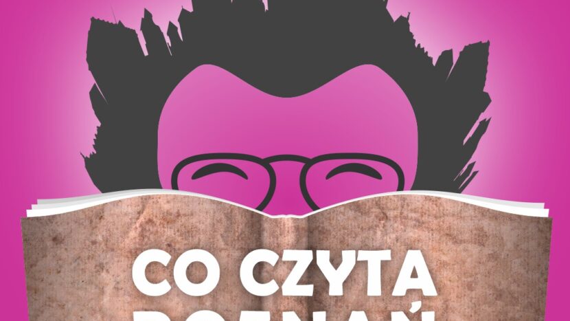 grafika: na różowym tle postać z fryzurą z poznańskich budynków, schowana za książką