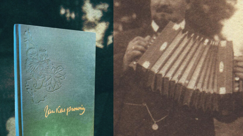 fotografia Kasprowicza z akordeonem (w sepii), obok zielona okłada tomu poezji