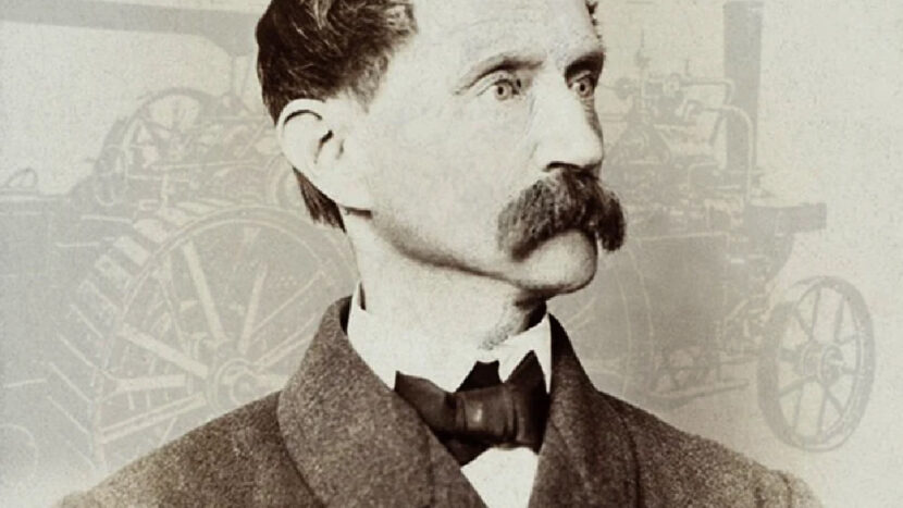 Obrazek do wydarzenia. Utrzymany w tonacji sepii i wyblakły wizerunek Hipolita Cegielskiego. Szczupły mężczyzna z bujnym wąsem, ubrany elegancko. W tle blady obraz pojazdu-maszyny