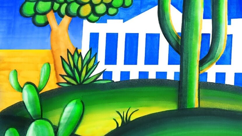 Obrazek do wydarzenia. Barwny rysunek krajobrazu, intensywnie zielone pagórki, kaktusy, drzewo. W tle niebiesko-biały budynek Biblioteki Raczyńskich.