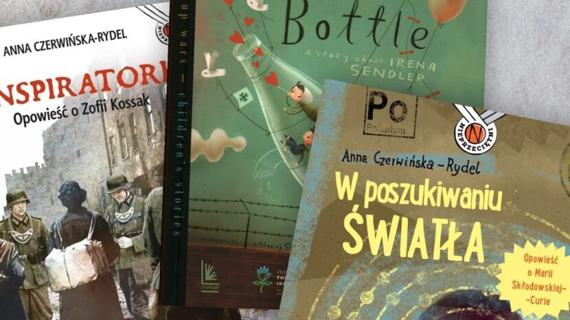 Obrazek do wydarzenia. Okładki książek Anny Czerwińskiej-Rydel m.in. z Marią Skłodowską-Curie i z dziewczyną z plecakiem stojącą wśród żołnierzy.