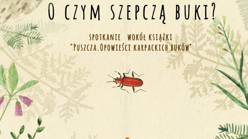 Obrazek do wydarzenia. Na beżowym tle rysunki liści, chrząszcza, ślimaka i jagód.