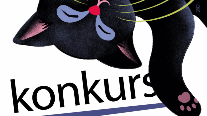 Obrazek do wydarzenia. Narysowany czarny kot leżący do góry nogami, z wyciągniętą łapką i zmrużonymi oczami.