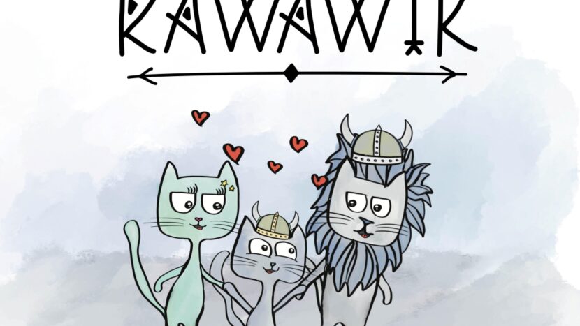 Obrazek do wydarzenia, rysunek kociej rodziny, nad którą fruwają serduszka. Tata i synek mają hełmy wikingów.