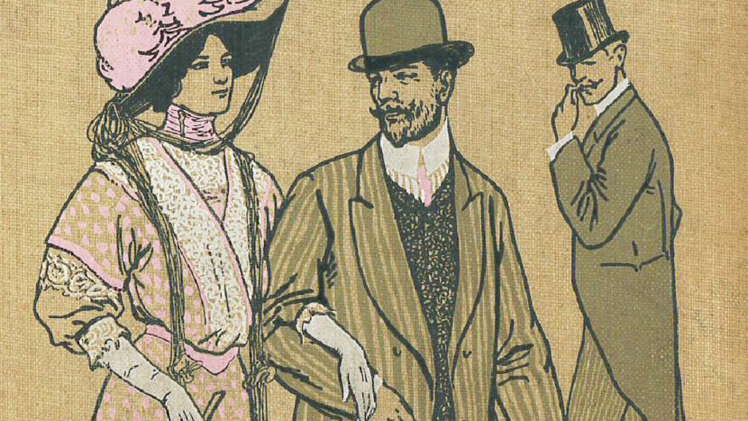 Obrazek do wydarzenia, ilustracja przedstawiająca parę, kobietę i mężczyznę w historycznych strojach z początku XX wieku. W oddali drugi mężczyzna przygląda im się.