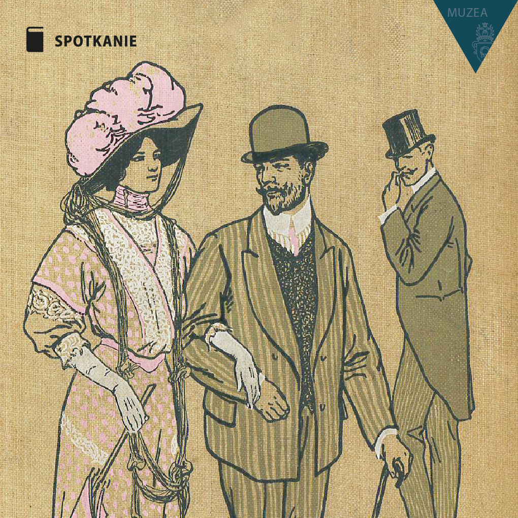 Obrazek do wydarzenia, ilustracja przedstawiająca parę, kobietę i mężczyznę w historycznych strojach z początku XX wieku. W oddali drugi mężczyzna przygląda im się.