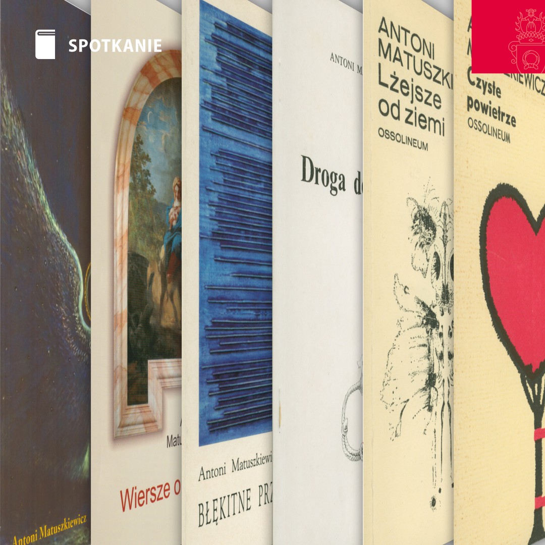 Obrazek do wydarzenia, nakładające się na siebie fragmenty okładek tomów poetyckich autora, widać między innymi fragment czerwonego serca, szkicu owada, liny z supłami.