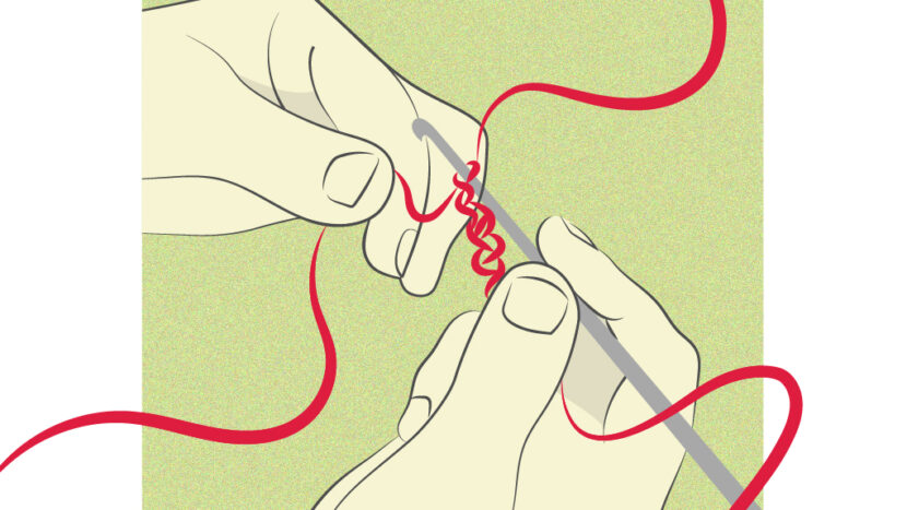 grafika: dwie ręce na niebieskim tle splatają szydełkiem czerwoną nić