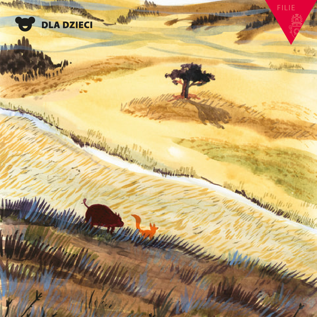 Obrazek do wydarzenia, fragment ilustracji przedstawiającej łąki, trawa w kolorze żółtym, na pagórku dzik i lis, w dole strumyk.