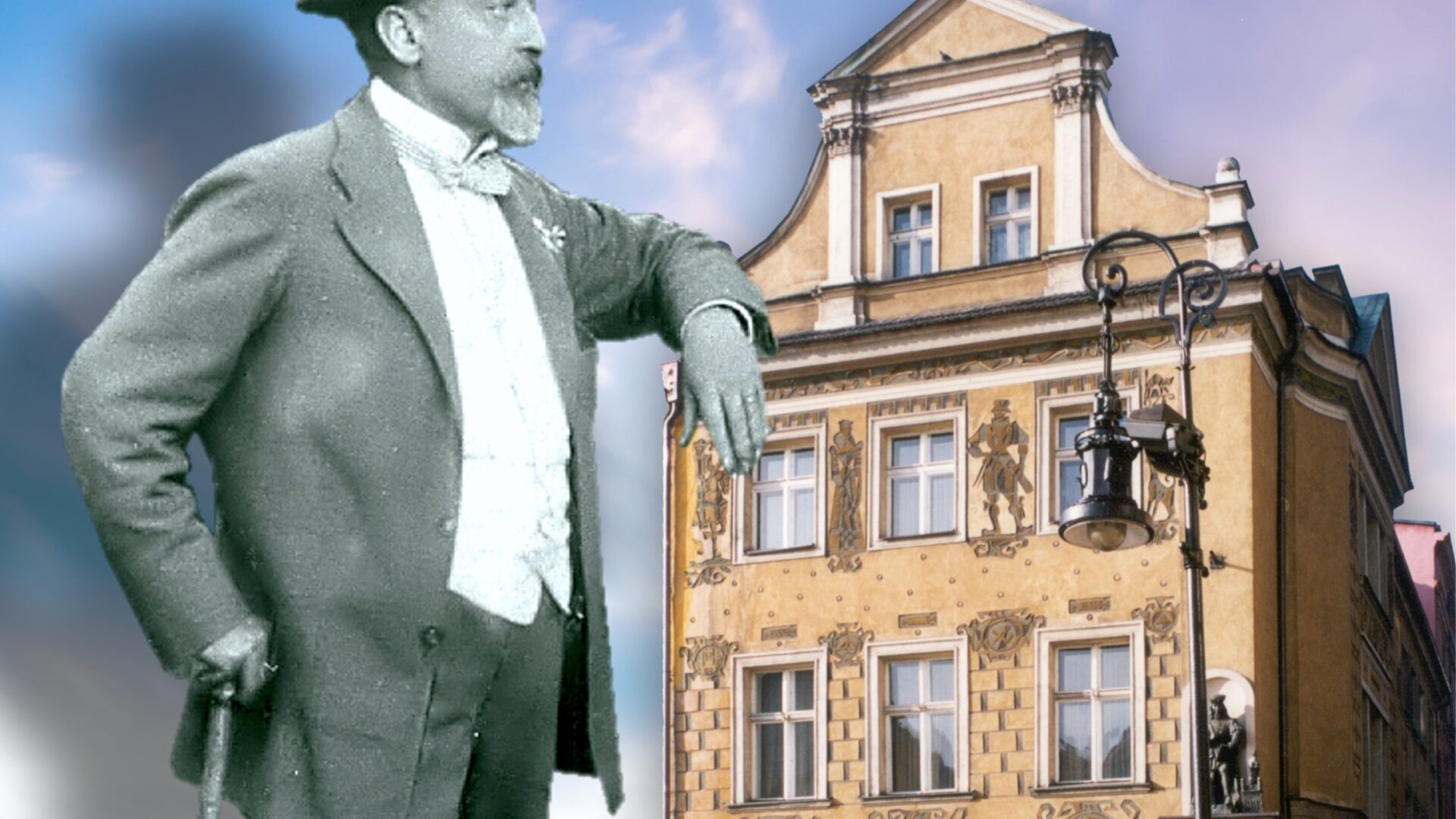 Obrazek do wydarzenia. Fotografia kamieniczki z muzeum Siekiewicza w Poznaniu obok czarnobiała fotografia pisarza.