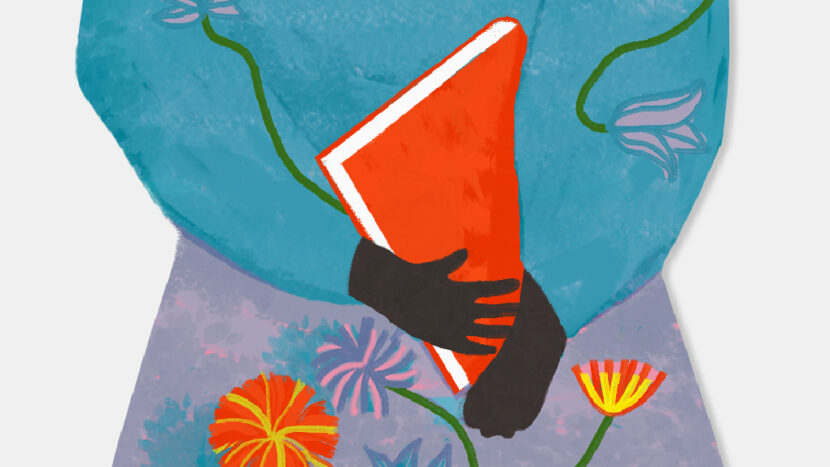 Obrazek do wydarzenia, rysunek kobiecej postaci widocznej od korpusu w dół, w niebiesko-fioletowym ubraniu w kwiaty. Postać trzyma książkę.