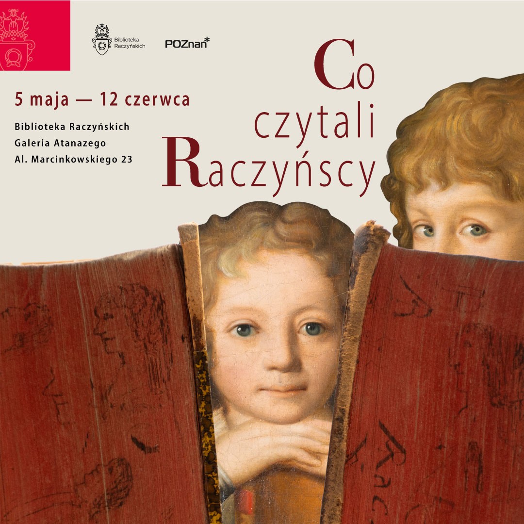 Obrazek do wydarzenia, dwie książki w kolorze czerwonym, pomiędzy nimi i nad jedną z nich dziecięce twarze z reprodukcji obrazu przedstawiającego Edwarda i Atanazego Raczyńskich jako dzieci. Powyżej tytuł wystawy