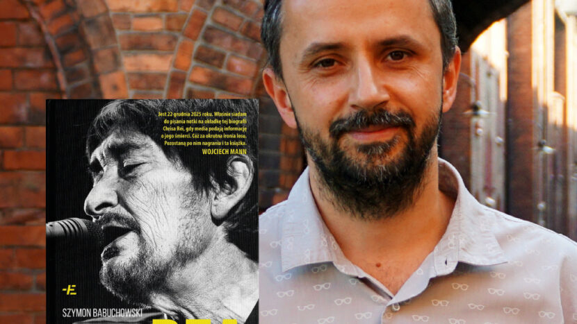 Obrazek do wydarzenia, autor, mężczyzna z ciemnym zarostem, stoi na tle ceglanych murów. W dole okładka książki z wizerunkiem piosenkarza Chrisa Rea'i.