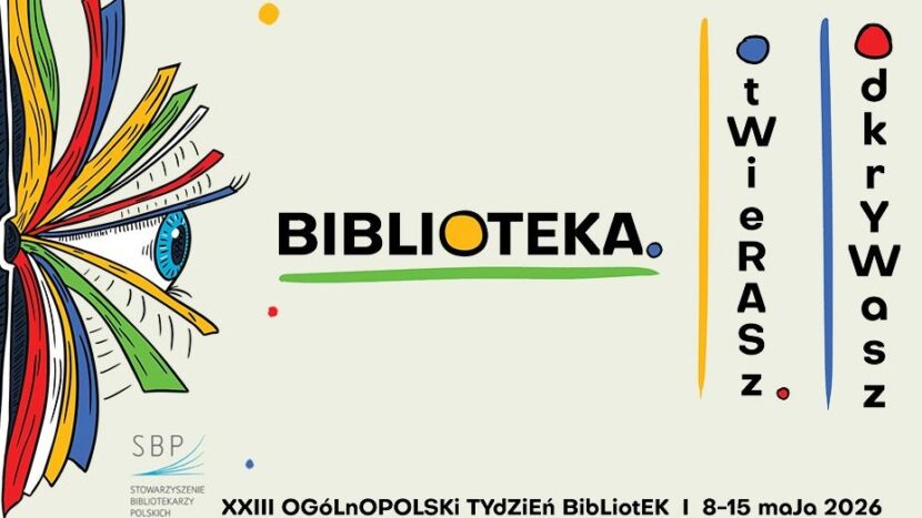 Obrazek do wydarzenia, plakat - na kremowym tle z krawędzi plakatu otwiera się książką, między stronami widnieje oko. Na środku napis biblioteka i hasło "otwierasz"