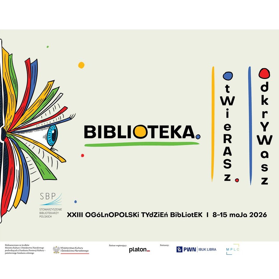 Obrazek do wydarzenia, plakat - na kremowym tle z krawędzi plakatu otwiera się książką, między stronami widnieje oko. Na środku napis biblioteka i hasło "otwierasz"