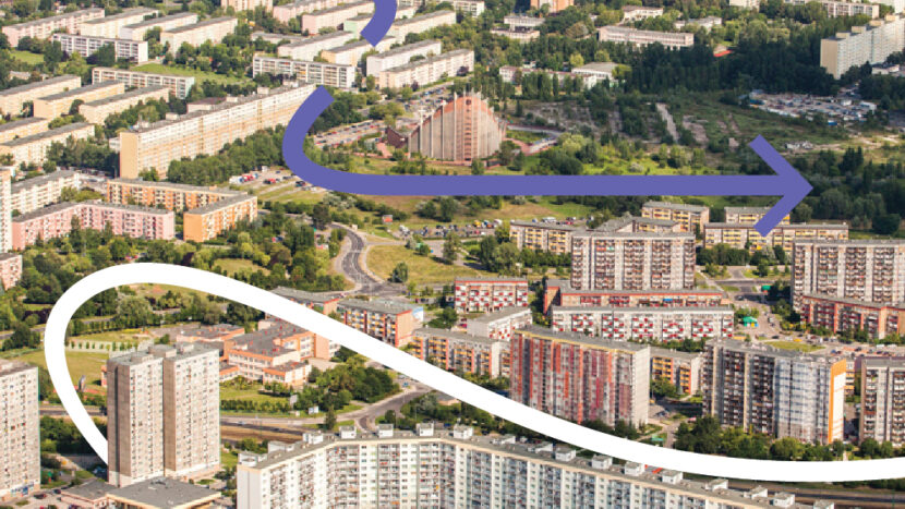 Obrazek do wydarzenia, widziane z lotu ptaka bloki ratajskich osiedli, które przeplata narysowana barwna linia.