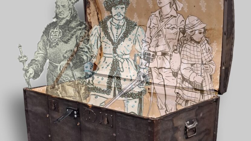Obrazek do wydarzenia. Duży, stary kufer podróżny, z którego wychodzą narysowane postaci z powieści Sienkiewicza.