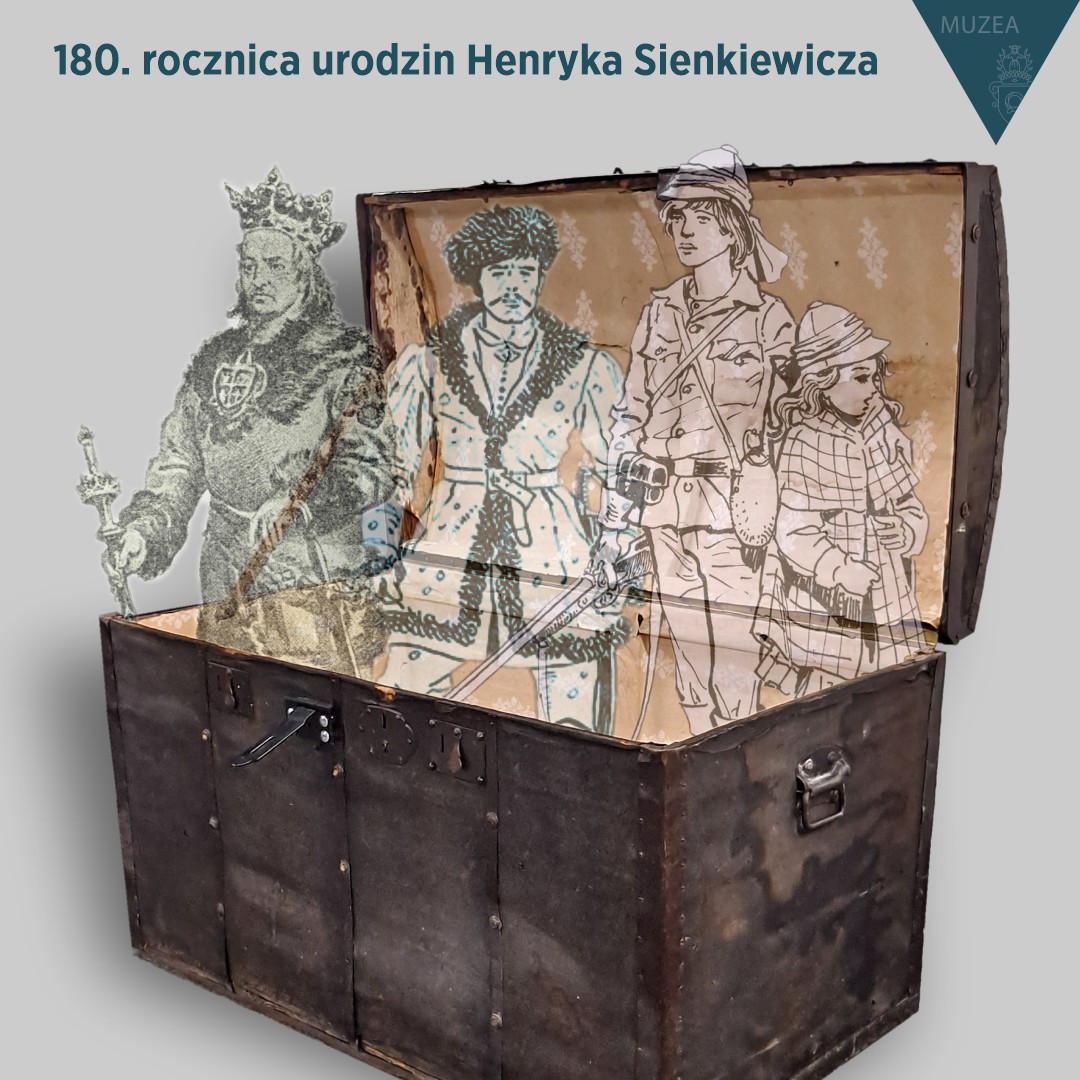 Obrazek do wydarzenia. Duży, stary kufer podróżny, z którego wychodzą narysowane postaci z powieści Sienkiewicza.