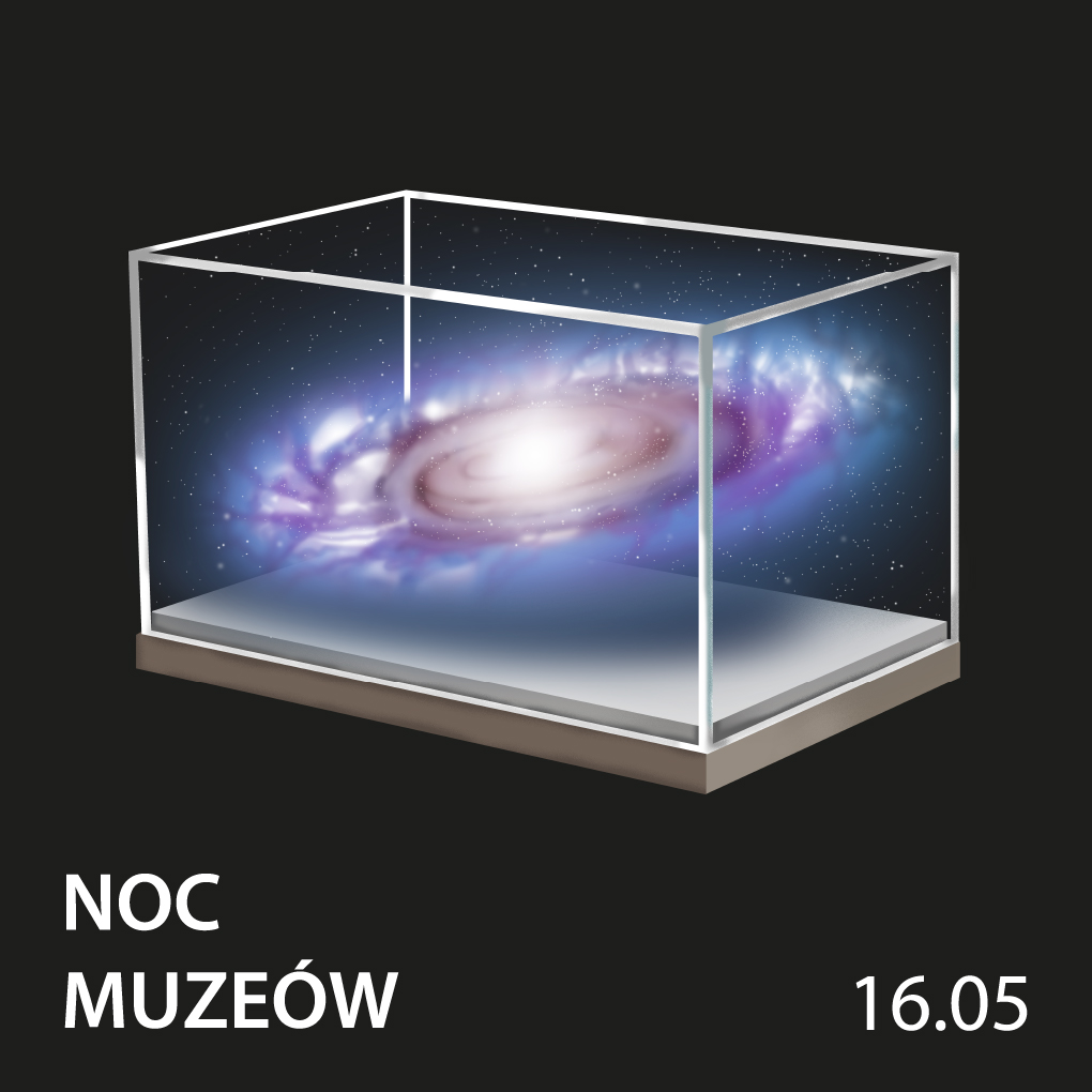 Obrazek do wydarzenia, na czarnym tle przezroczysta gablota z wizerunkiem galaktyki