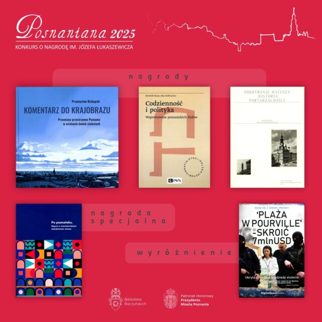 Obrazek do wydarzenia, na malinowym tle okładki nagrodzonych książek